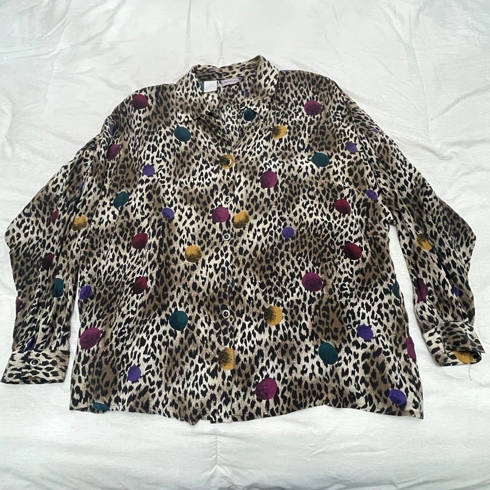 Bora Bora Button Up Women 1X (XL) Leopard Polka Dot 100% Silk Brown Animal Print